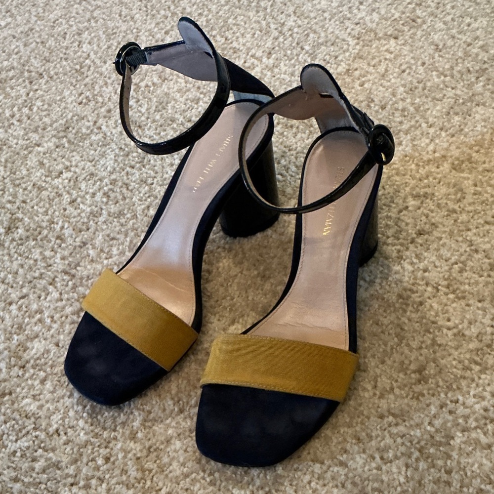 Stuart Weitzman Navy and Mustard Two-Tone Block Heel Sandals